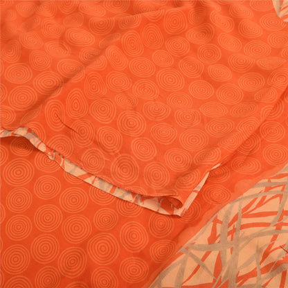 Sanskriti Vintage Sarees Orange Pure Crepe Silk Printed Sari 5yd Craft Sustainable Fabric