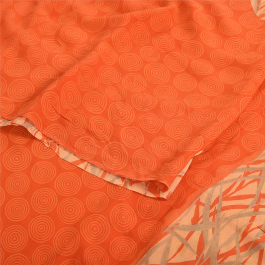 Sanskriti Vintage Sarees Orange Pure Crepe Silk Printed Sari 5yd Craft Sustainable Fabric