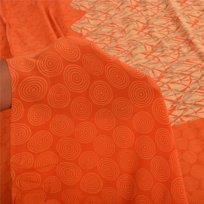 Sanskriti Vintage Sarees Orange Pure Crepe Silk Printed Sari 5yd Craft Sustainable Fabric