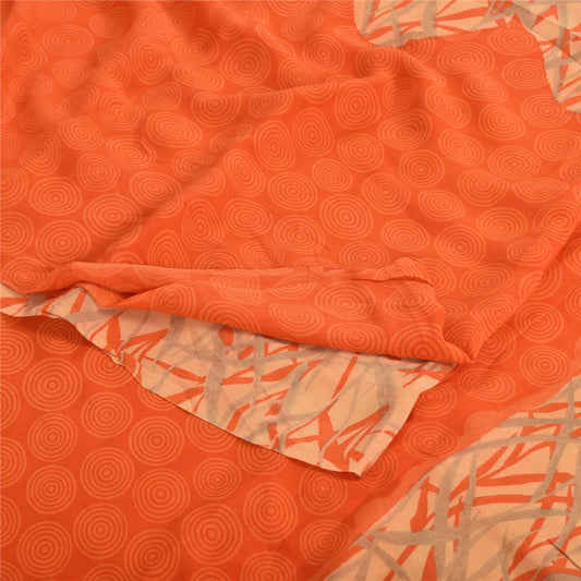 Sanskriti Vintage Sarees Orange Pure Crepe Silk Printed Sari 5yd Craft Sustainable Fabric