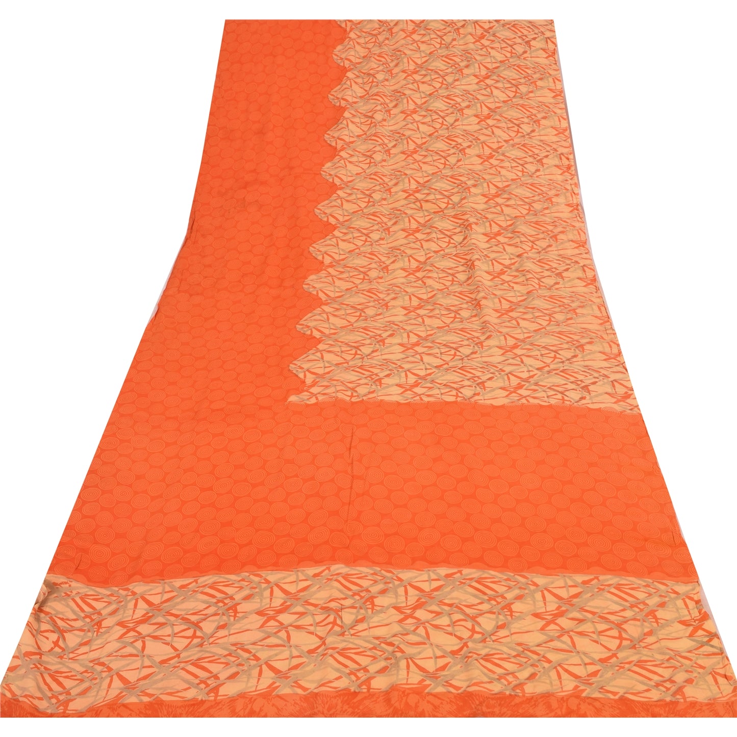 Sanskriti Vintage Sarees Orange Pure Crepe Silk Printed Sari 5yd Craft Sustainable Fabric