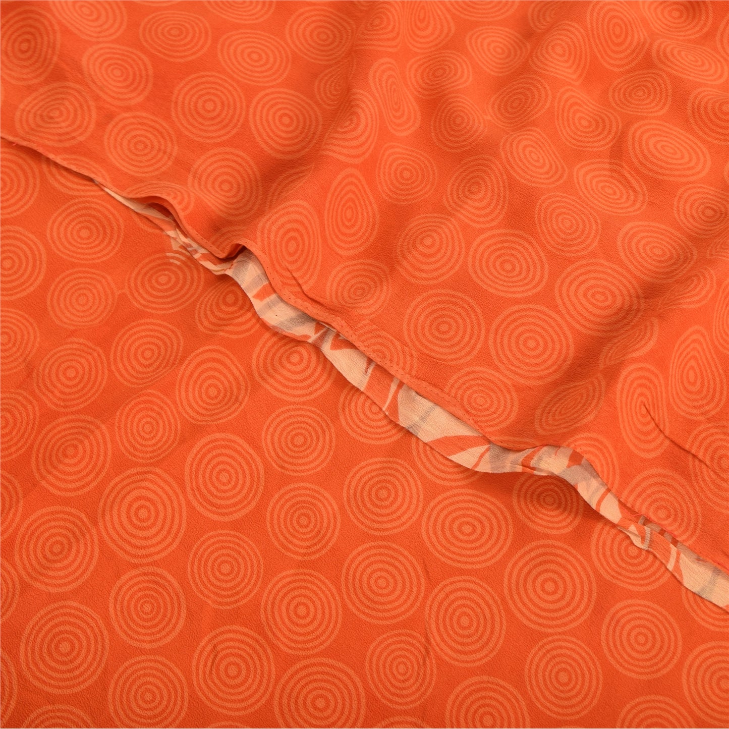 Sanskriti Vintage Sarees Orange Pure Crepe Silk Printed Sari 5yd Craft Sustainable Fabric