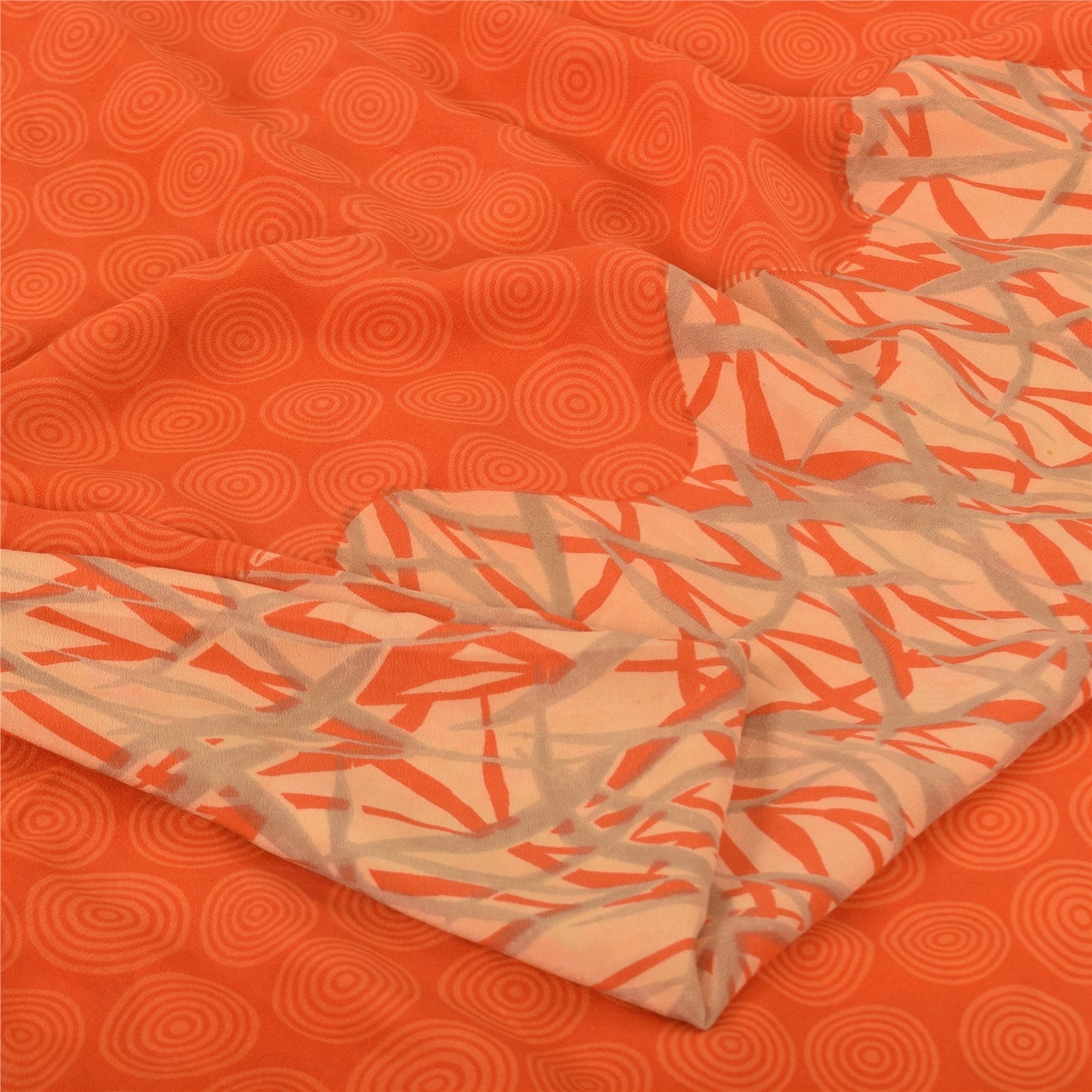 Sanskriti Vintage Sarees Orange Pure Crepe Silk Printed Sari 5yd Craft Sustainable Fabric