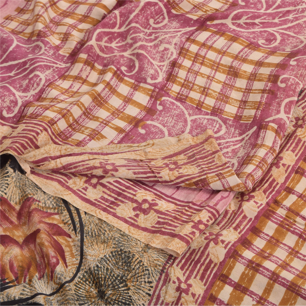 Sanskriti Vintage Sarier i lyserødt, ren crepe silketrykt sari, 5 yards, bæredygtigt håndværksstof