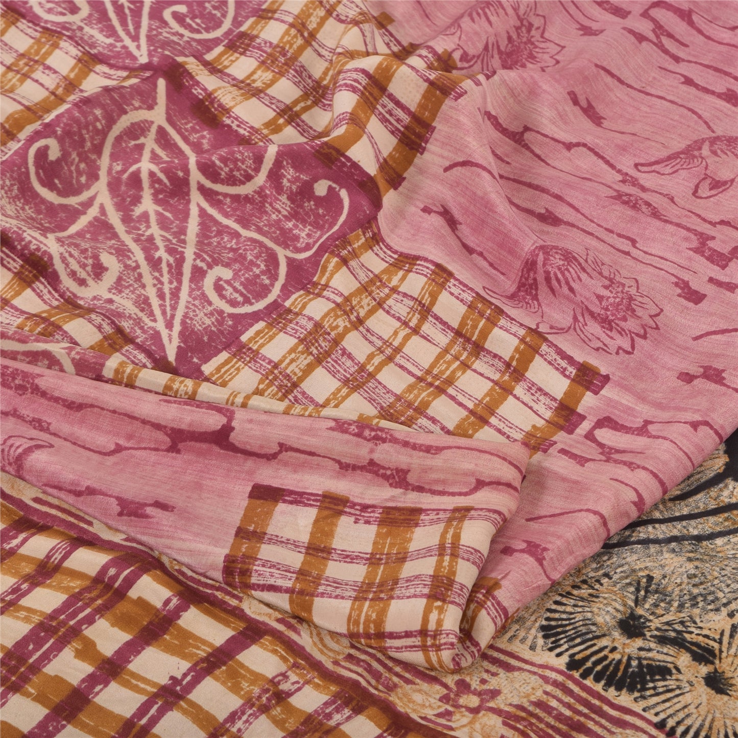 Sanskriti Vintage Sarier i lyserødt, ren crepe silketrykt sari, 5 yards, bæredygtigt håndværksstof