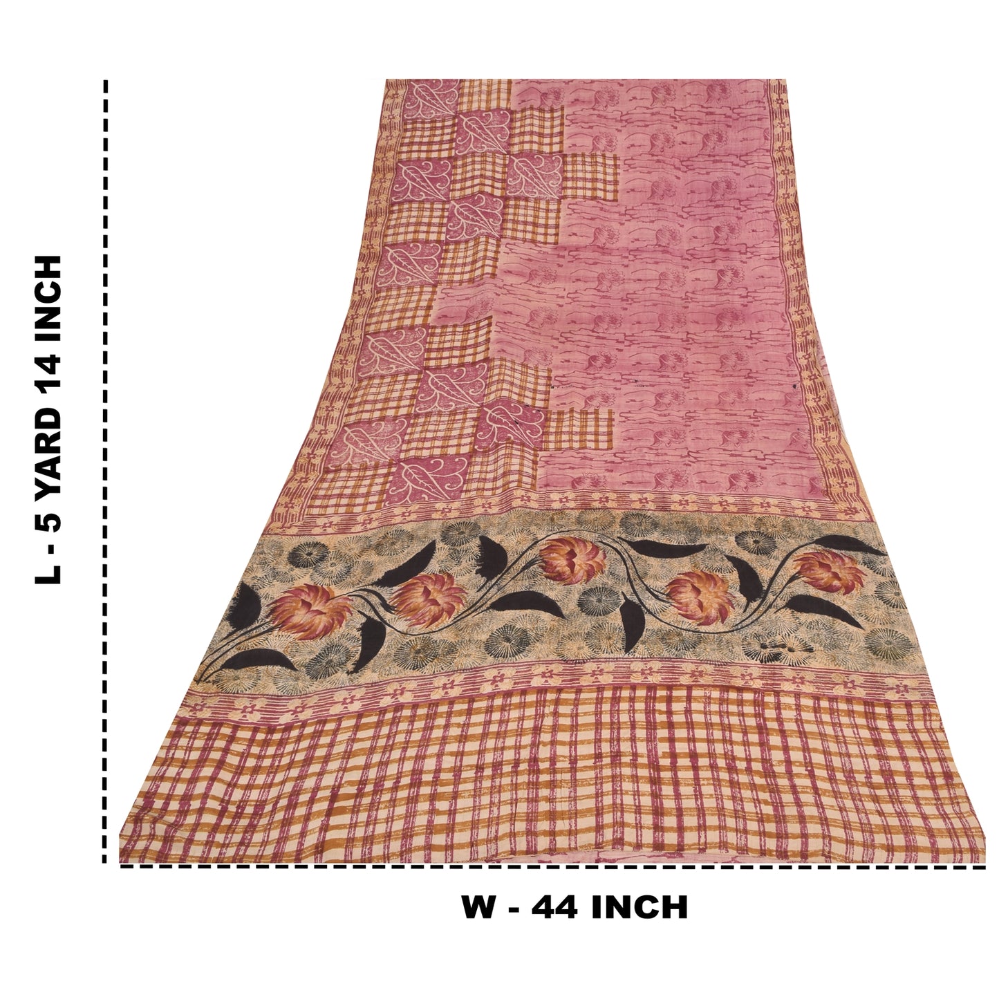 Sanskriti Vintage Sarier i lyserødt, ren crepe silketrykt sari, 5 yards, bæredygtigt håndværksstof