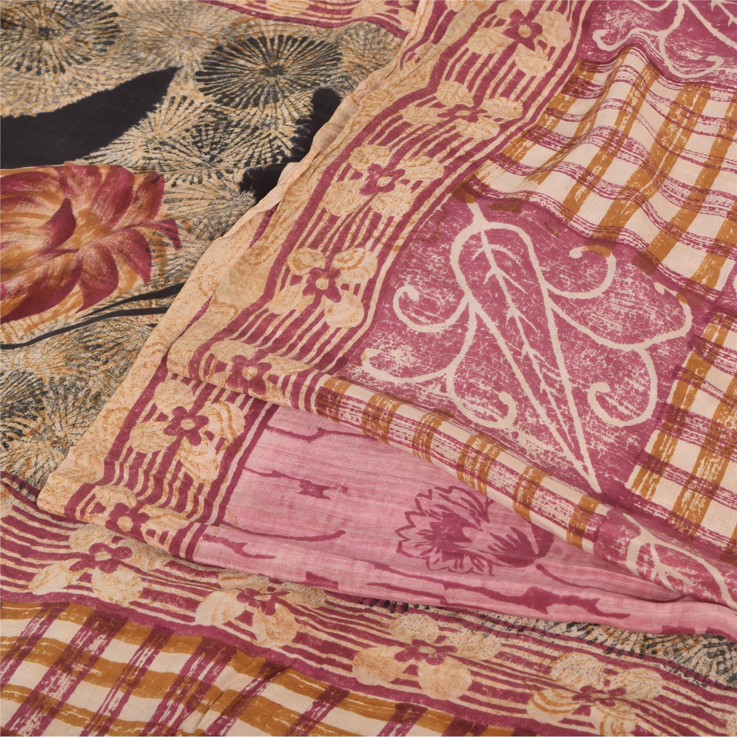 Sanskriti Vintage Sarier i lyserødt, ren crepe silketrykt sari, 5 yards, bæredygtigt håndværksstof