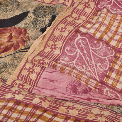 Sanskriti Vintage Sarier i lyserødt, ren crepe silketrykt sari, 5 yards, bæredygtigt håndværksstof