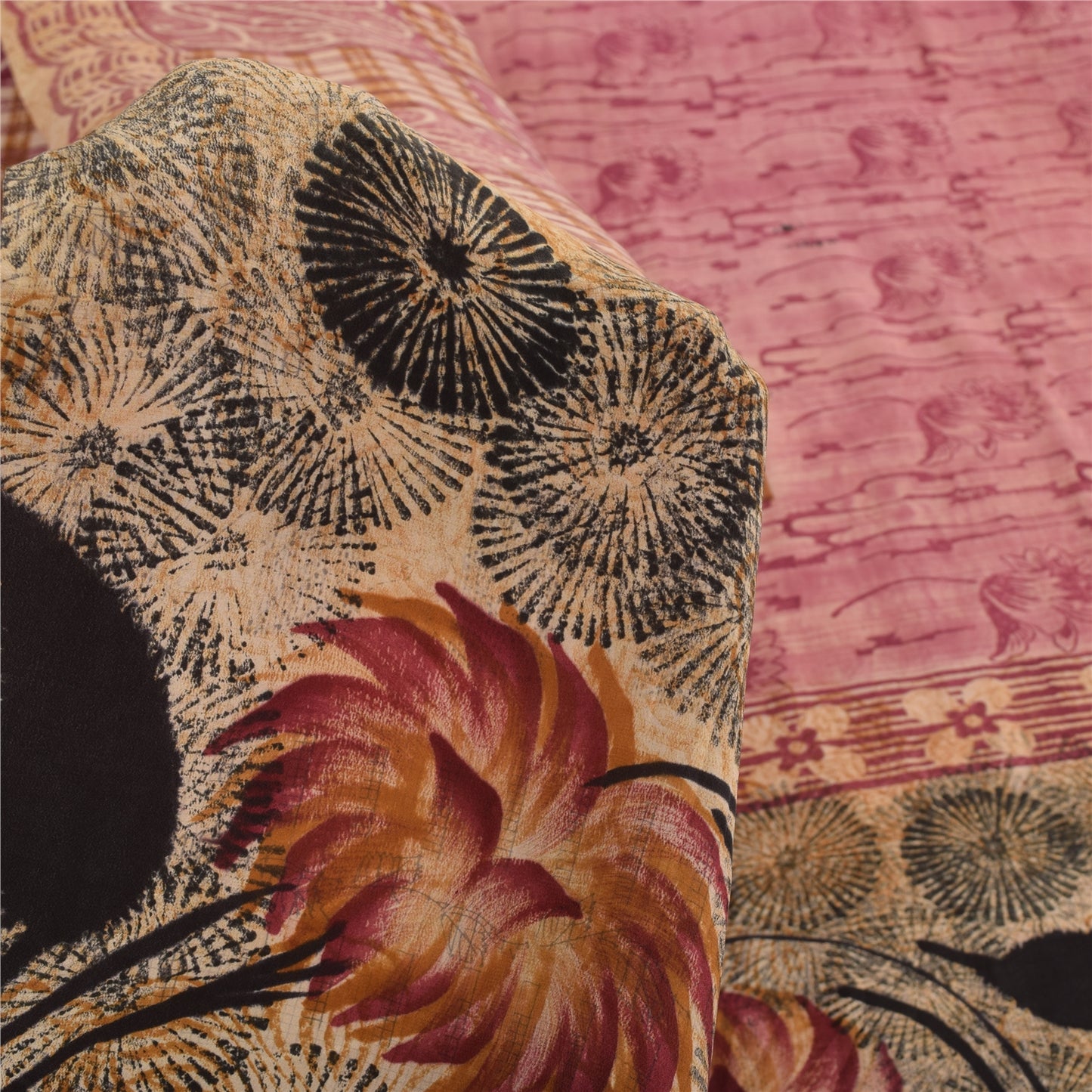 Sanskriti Vintage Sarier i lyserødt, ren crepe silketrykt sari, 5 yards, bæredygtigt håndværksstof