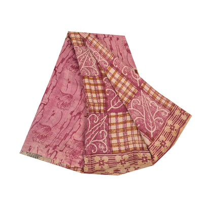 Sanskriti Vintage Sarier i lyserødt, ren crepe silketrykt sari, 5 yards, bæredygtigt håndværksstof