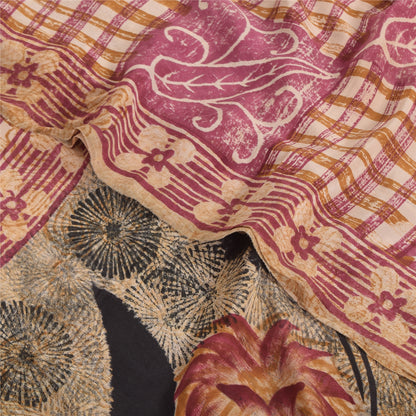 Sanskriti Vintage Sarier i lyserødt, ren crepe silketrykt sari, 5 yards, bæredygtigt håndværksstof