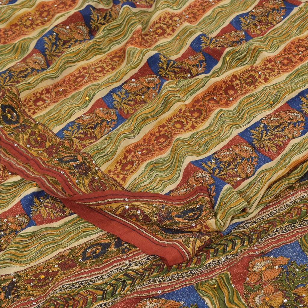 Sanskriti Vintage Sarees Multi Pure Crepe Silk Printed Sari 5yd Craft Sustainable Fabric