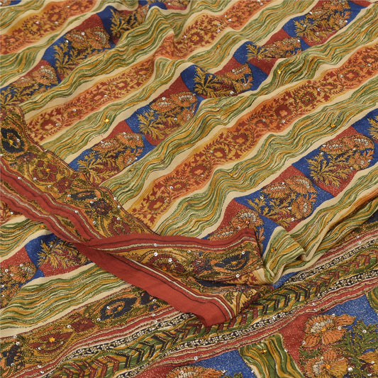 Sanskriti Vintage Sarees Multi Pure Crepe Silk Printed Sari 5yd Craft Sustainable Fabric