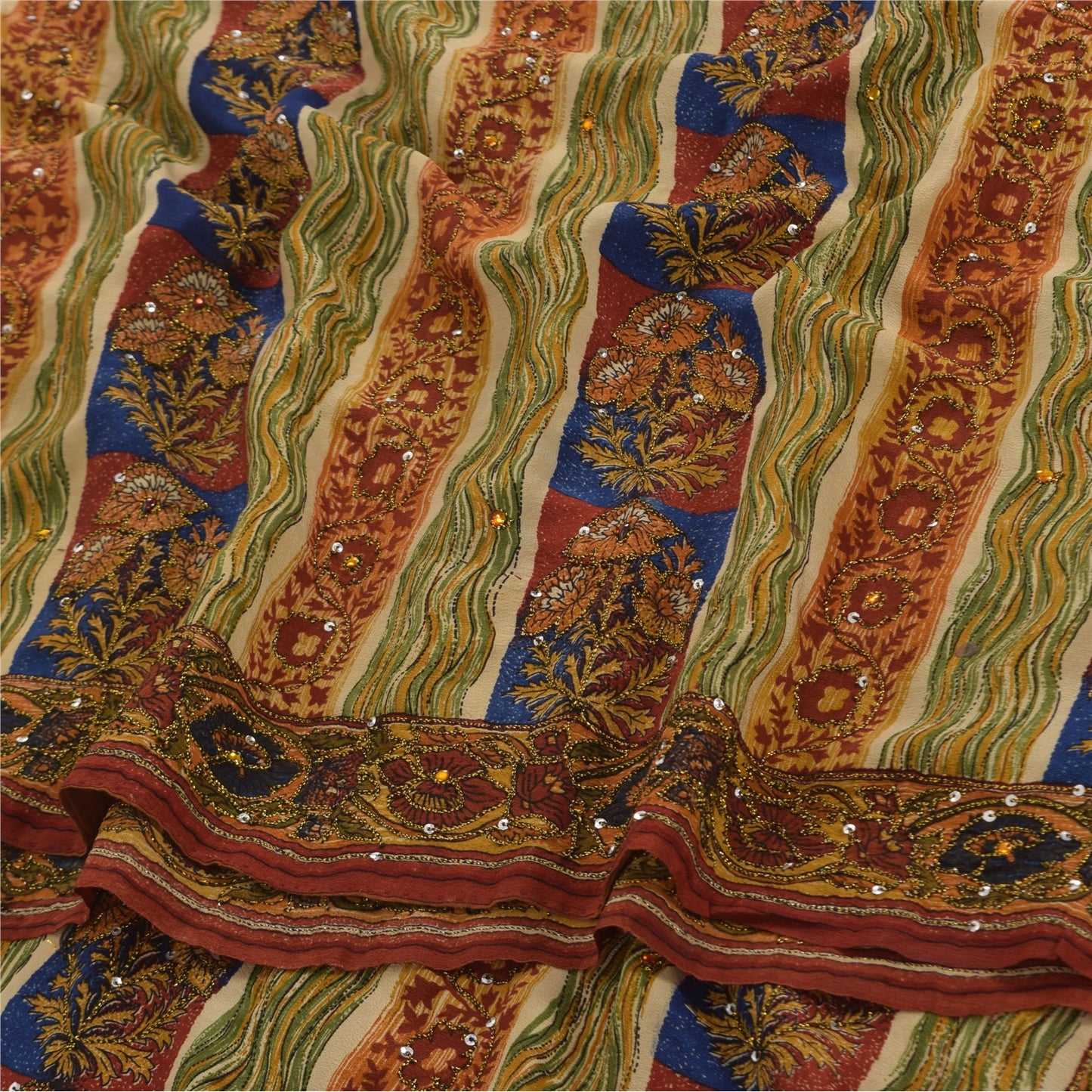 Sanskriti Vintage Sarees Multi Pure Crepe Silk Printed Sari 5yd Craft Sustainable Fabric