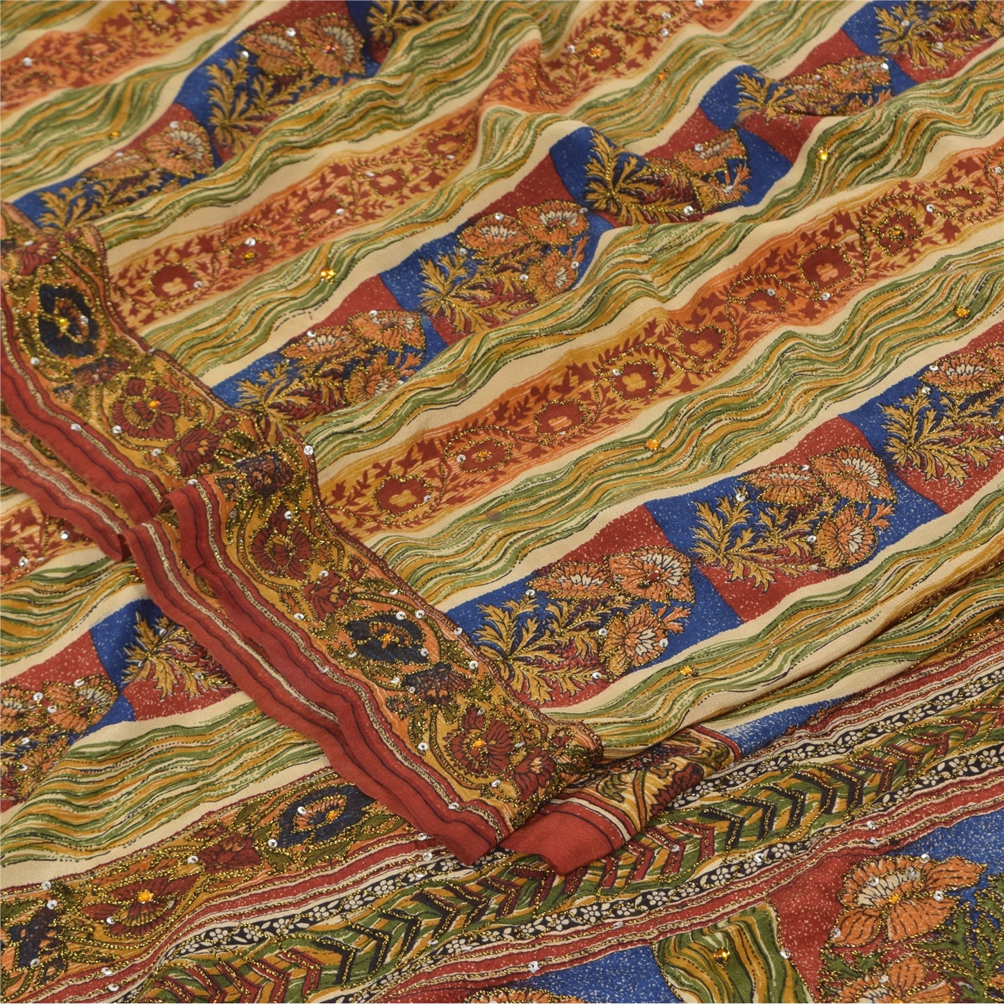 Sanskriti Vintage Sarees Multi Pure Crepe Silk Printed Sari 5yd Craft Sustainable Fabric