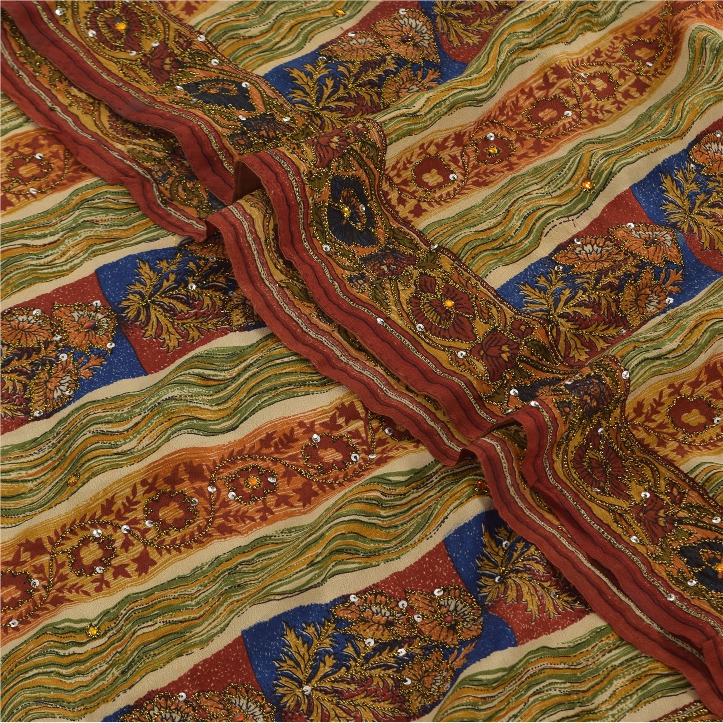 Sanskriti Vintage Sarees Multi Pure Crepe Silk Printed Sari 5yd Craft Sustainable Fabric