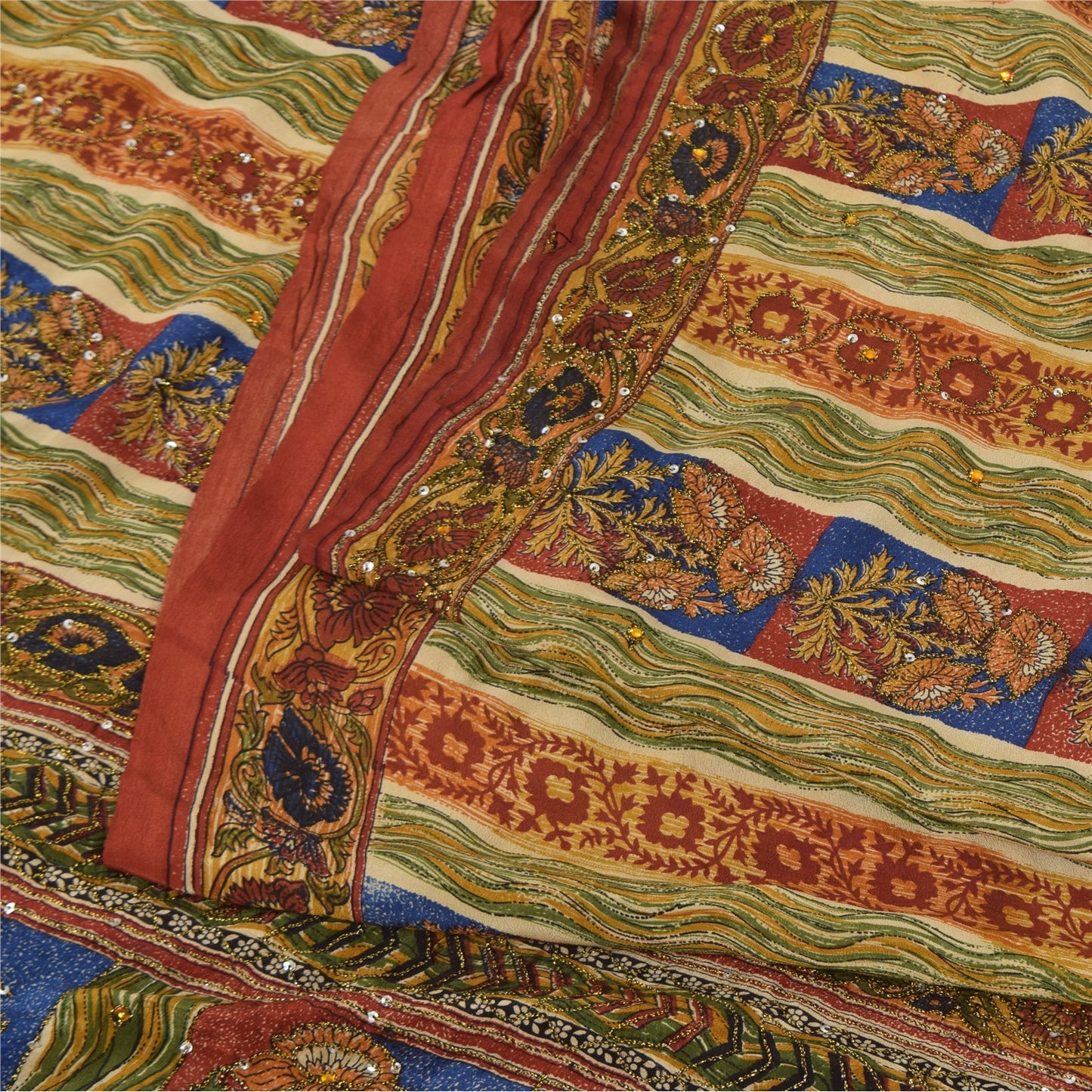 Sanskriti Vintage Sarees Multi Pure Crepe Silk Printed Sari 5yd Craft Sustainable Fabric