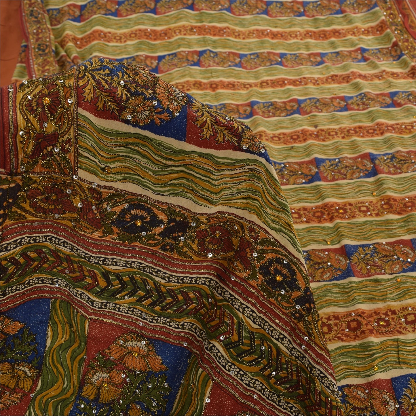 Sanskriti Vintage Sarees Multi Pure Crepe Silk Printed Sari 5yd Craft Sustainable Fabric