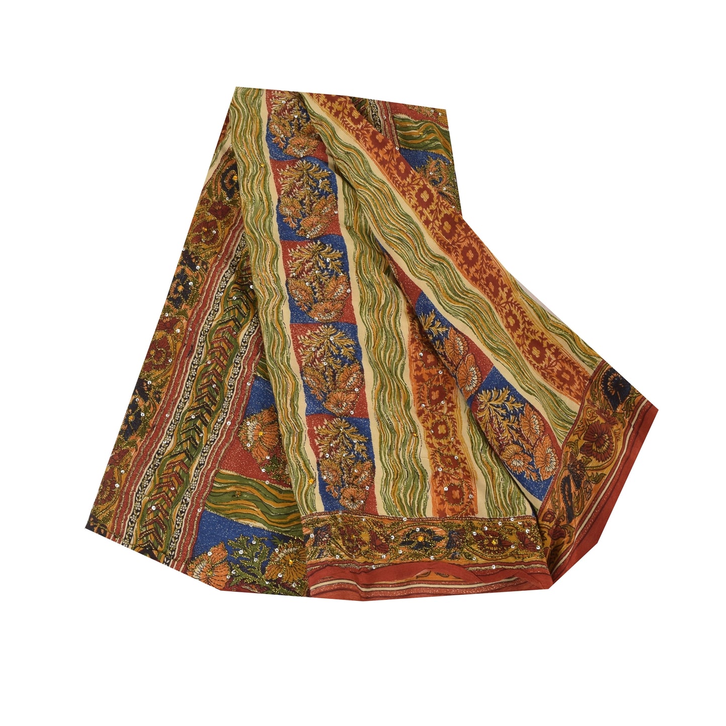 Sanskriti Vintage Sarees Multi Pure Crepe Silk Printed Sari 5yd Craft Sustainable Fabric