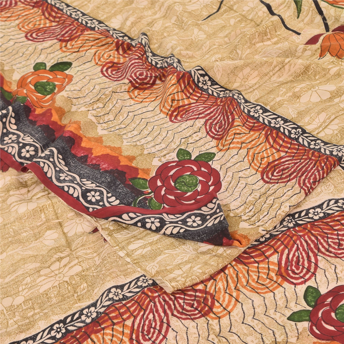 Sanskriti Vintage Sarees Peach 100%Pure Crepe Silk Printed Sari 5yd Craft Sustainable Fabric