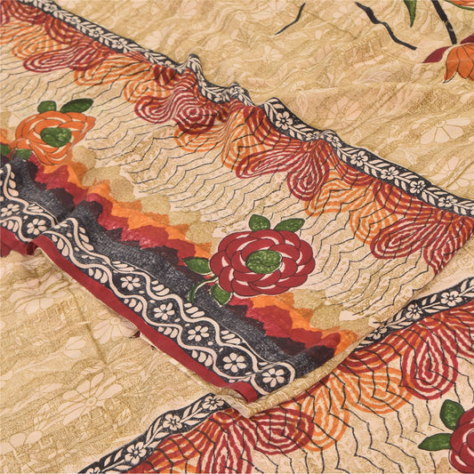 Sanskriti Vintage Sarees Peach 100%Pure Crepe Silk Printed Sari 5yd Craft Sustainable Fabric