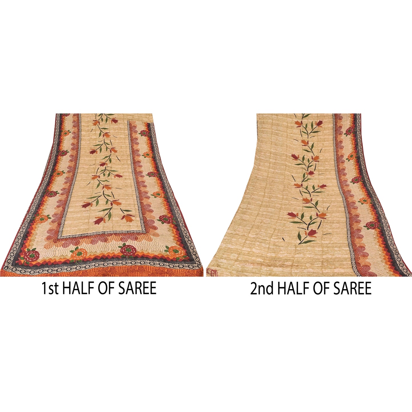 Sanskriti Vintage Sarees Peach 100%Pure Crepe Silk Printed Sari 5yd Craft Sustainable Fabric