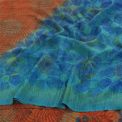 Sanskriti Vintage Sarees Orange/Blue Pure Crepe Silk Print Sari 6yd Craft Sustainable Fabric