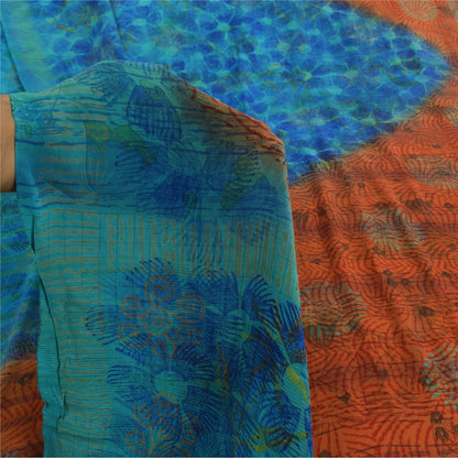 Sanskriti Vintage Sarees Orange/Blue Pure Crepe Silk Print Sari 6yd Craft Sustainable Fabric