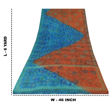Sanskriti Vintage Sarees Orange/Blue Pure Crepe Silk Print Sari 6yd Craft Sustainable Fabric