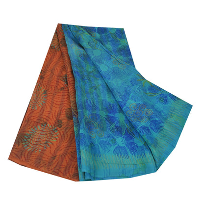 Sanskriti Vintage Sarees Orange/Blue Pure Crepe Silk Print Sari 6yd Craft Sustainable Fabric
