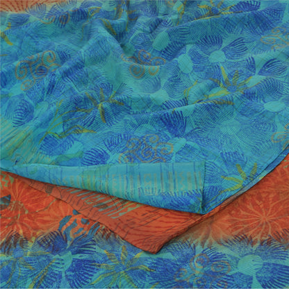 Sanskriti Vintage Sarees Orange/Blue Pure Crepe Silk Print Sari 6yd Craft Sustainable Fabric