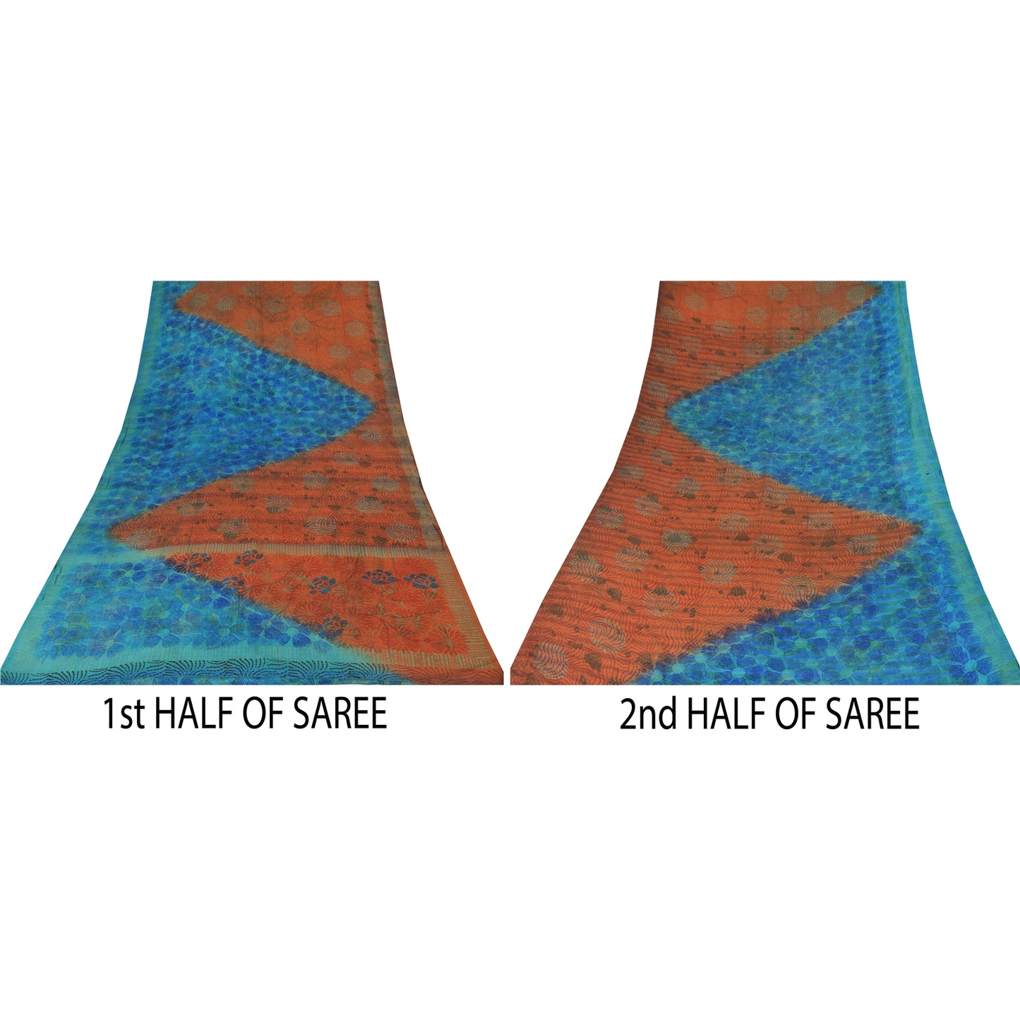 Sanskriti Vintage Sarees Orange/Blue Pure Crepe Silk Print Sari 6yd Craft Sustainable Fabric