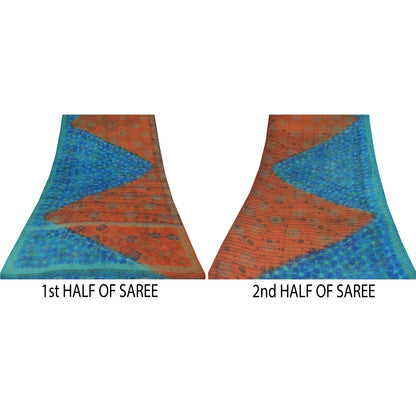 Sanskriti Vintage Sarees Orange/Blue Pure Crepe Silk Print Sari 6yd Craft Sustainable Fabric