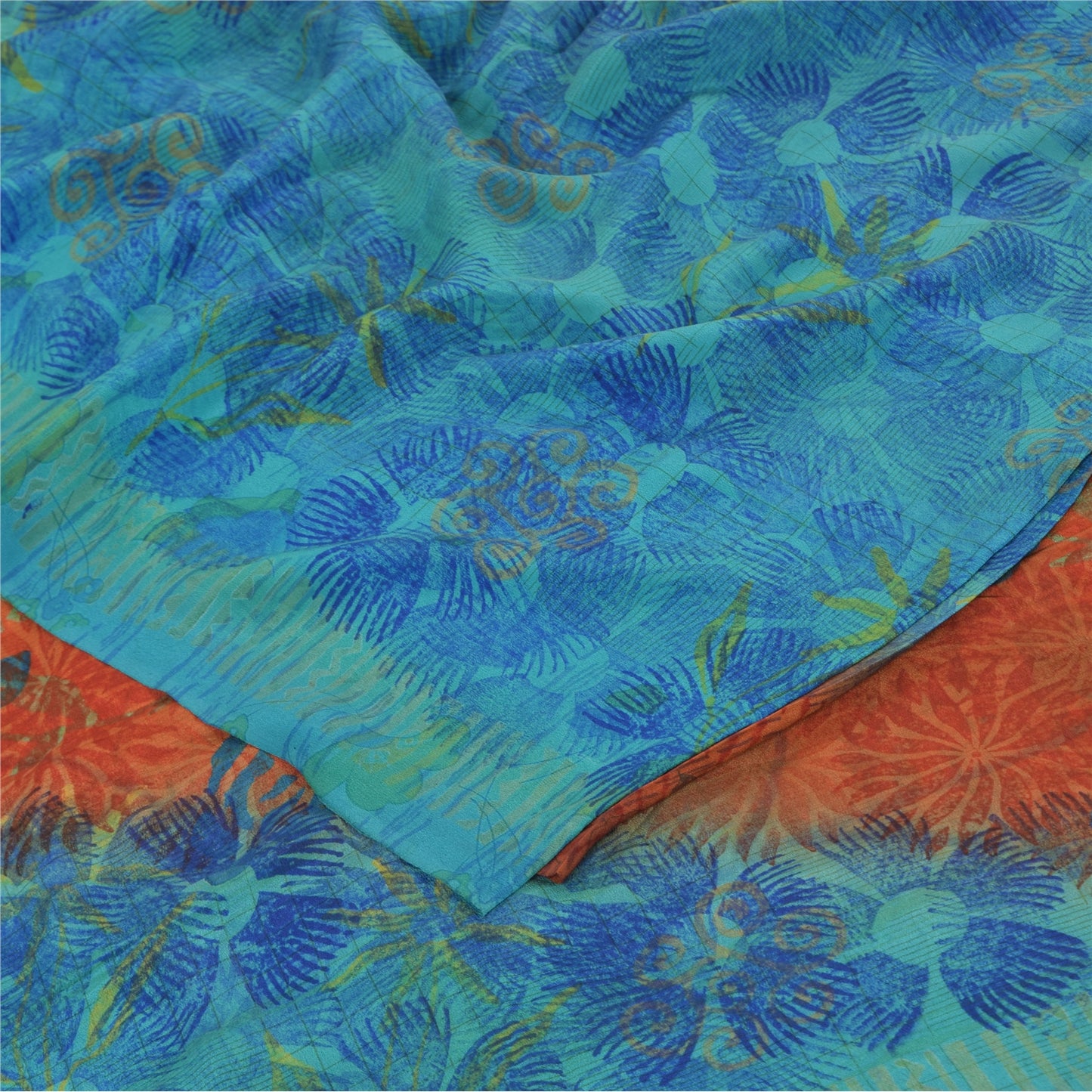 Sanskriti Vintage Sarees Orange/Blue Pure Crepe Silk Print Sari 6yd Craft Sustainable Fabric