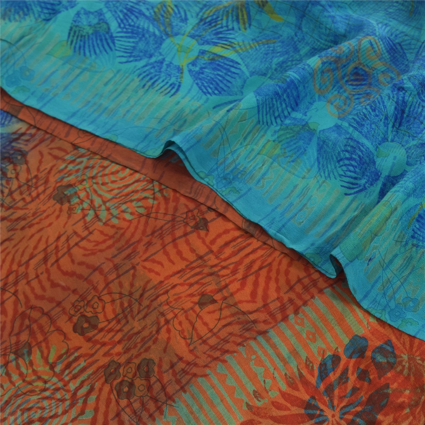 Sanskriti Vintage Sarees Orange/Blue Pure Crepe Silk Print Sari 6yd Craft Sustainable Fabric