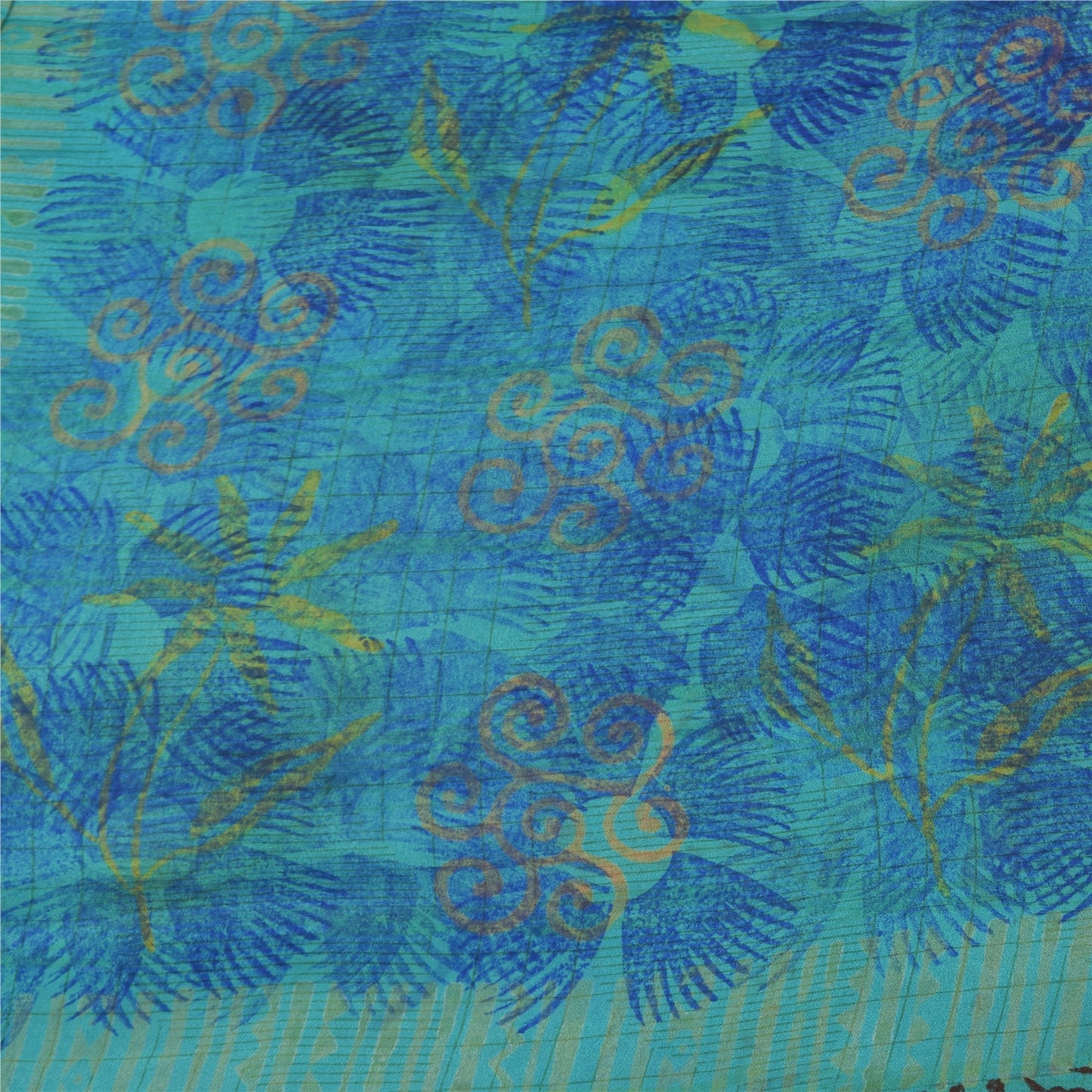 Sanskriti Vintage Sarees Orange/Blue Pure Crepe Silk Print Sari 6yd Craft Sustainable Fabric