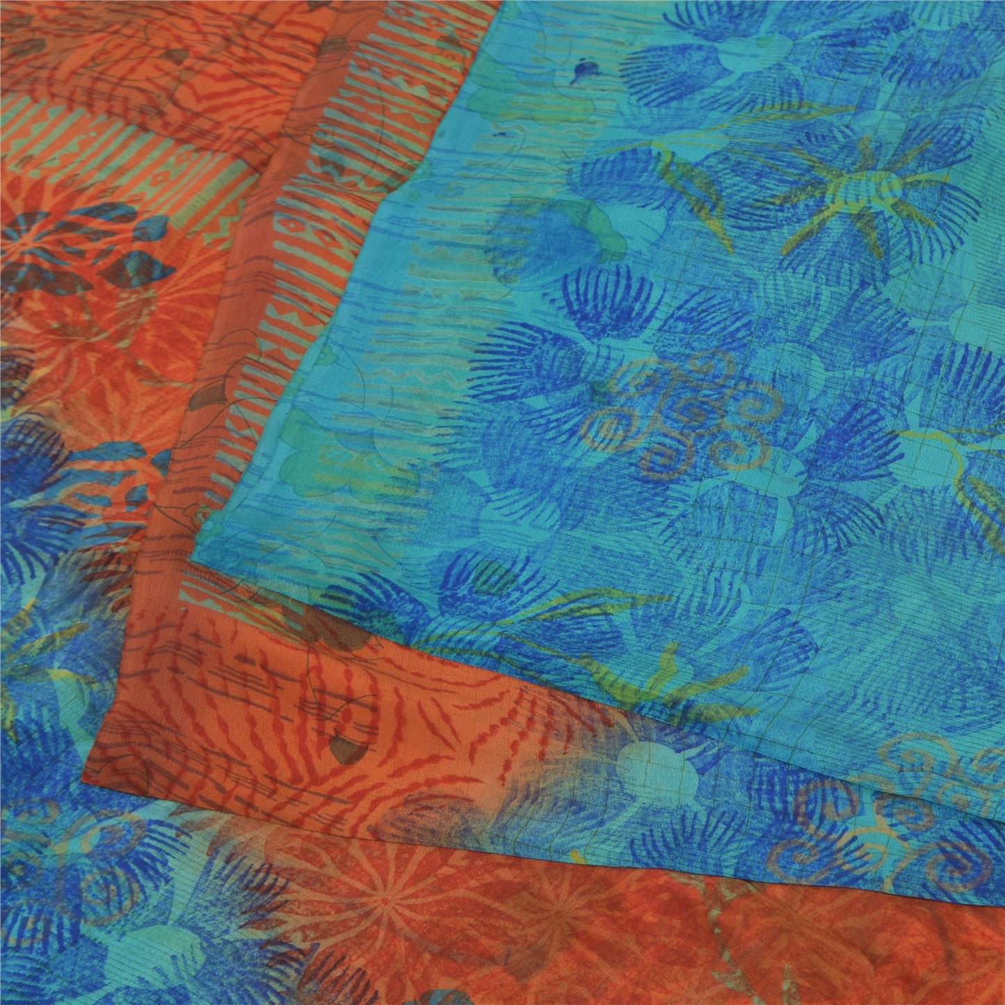 Sanskriti Vintage Sarees Orange/Blue Pure Crepe Silk Print Sari 6yd Craft Sustainable Fabric