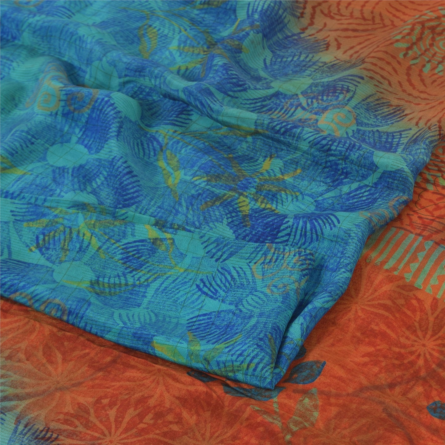 Sanskriti Vintage Sarees Orange/Blue Pure Crepe Silk Print Sari 6yd Craft Sustainable Fabric