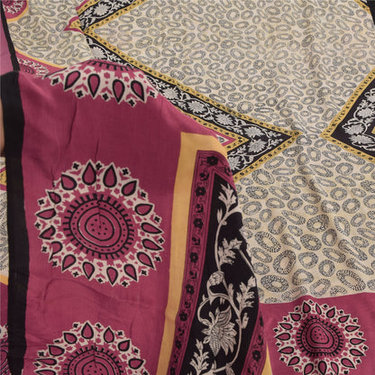 Sanskriti Vintage Sarees Ivory Pure Crepe Silk Printed Sari 5+yd Craft Fabric