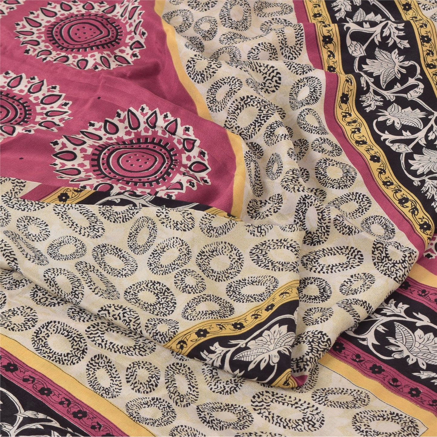 Sanskriti Vintage Sarees Ivory Pure Crepe Silk Printed Sari 5+yd Craft Fabric