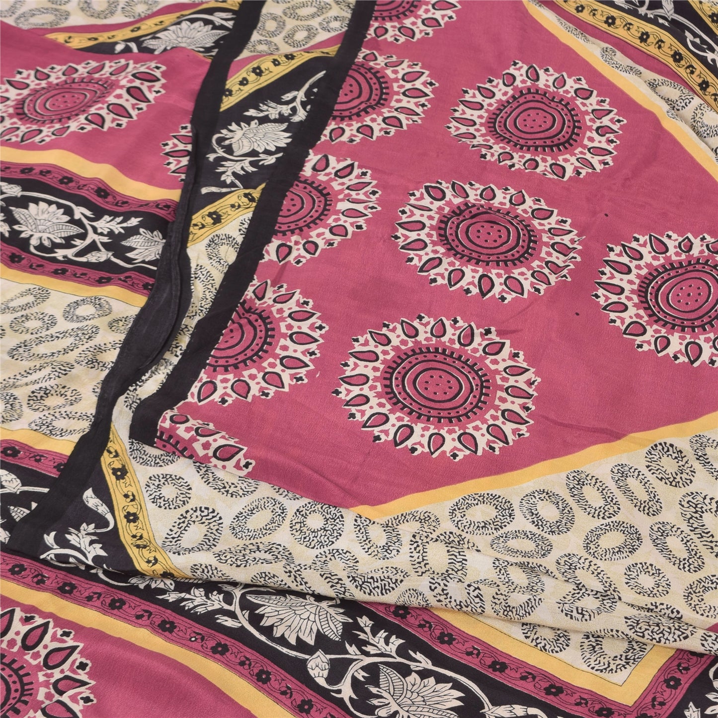 Sanskriti Vintage Sarees Ivory Pure Crepe Silk Printed Sari 5+yd Craft Fabric