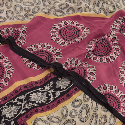 Sanskriti Vintage Sarees Ivory Pure Crepe Silk Printed Sari 5+yd Craft Fabric