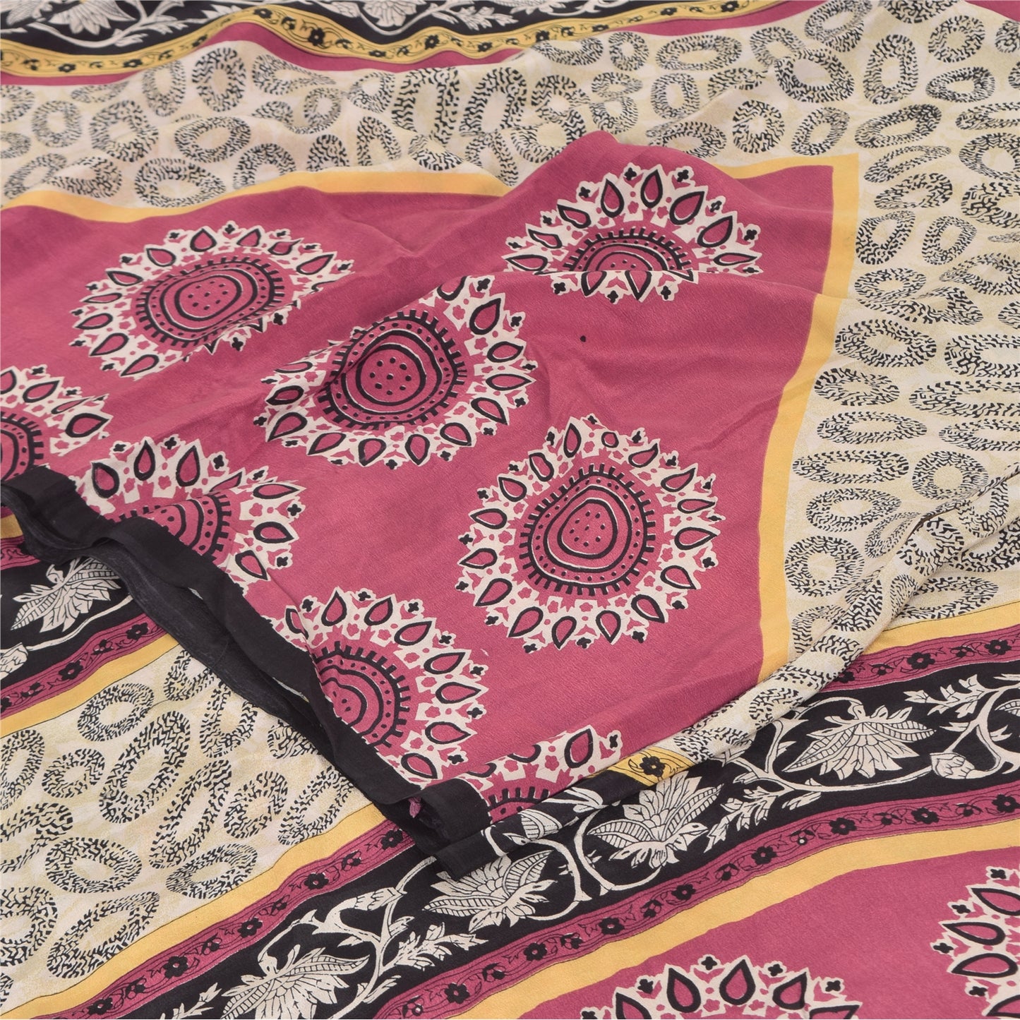 Sanskriti Vintage Sarees Ivory Pure Crepe Silk Printed Sari 5+yd Craft Fabric