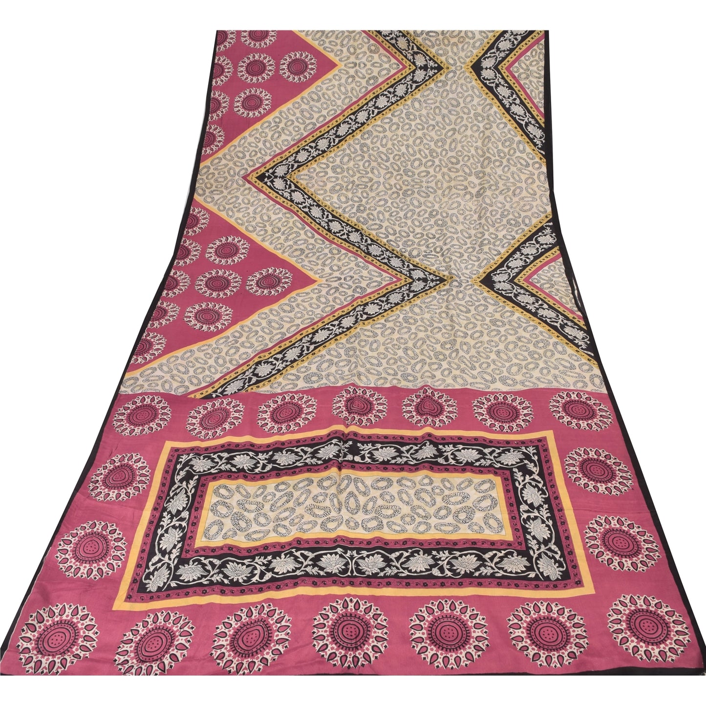 Sanskriti Vintage Sarees Ivory Pure Crepe Silk Printed Sari 5+yd Craft Fabric