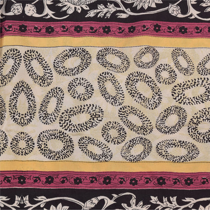 Sanskriti Vintage Sarees Ivory Pure Crepe Silk Printed Sari 5+yd Craft Fabric