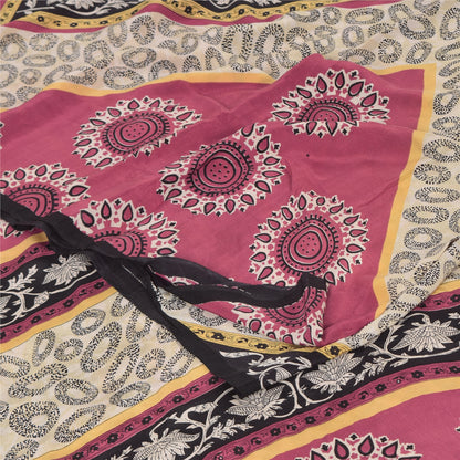 Sanskriti Vintage Sarees Ivory Pure Crepe Silk Printed Sari 5+yd Craft Fabric