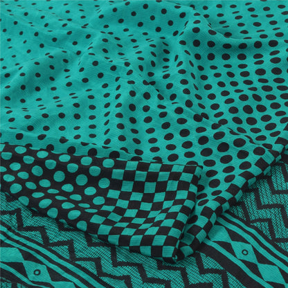 Sanskriti Vintage Sarees Blue/Black Pure Crepe Silk Print Sari 5yd Craft Sustainable Fabric