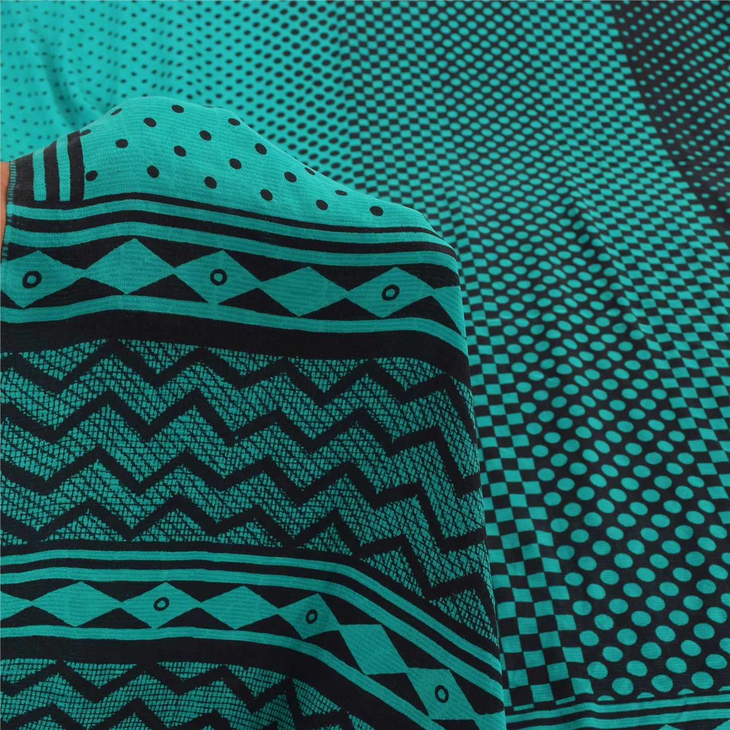 Sanskriti Vintage Sarees Blue/Black Pure Crepe Silk Print Sari 5yd Craft Sustainable Fabric