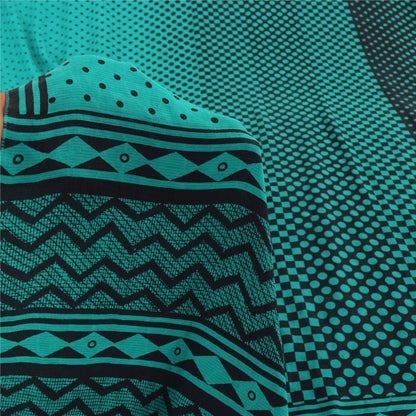 Sanskriti Vintage Sarees Blue/Black Pure Crepe Silk Print Sari 5yd Craft Sustainable Fabric