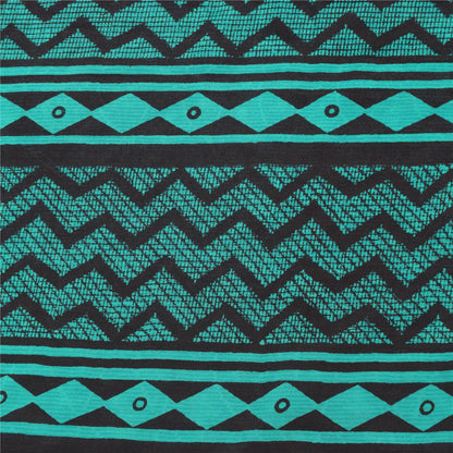 Sanskriti Vintage Sarees Blue/Black Pure Crepe Silk Print Sari 5yd Craft Sustainable Fabric